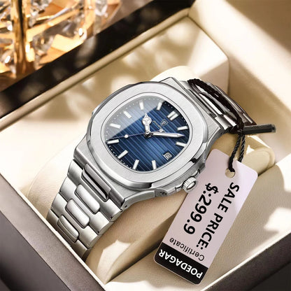 POEDAGAR Square Luxury Men Wristwatch Waterproof Luminous Date Stainless Steel Male Clock Business Sports Quartz Watches For 