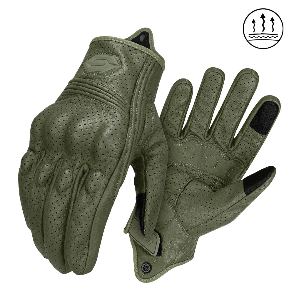 ​Vintage Leather Motorcycle Gloves Summer Breathable Unisex Biker Gloves With Anti-Slip Ventilation Design Motorbike Ride Glo