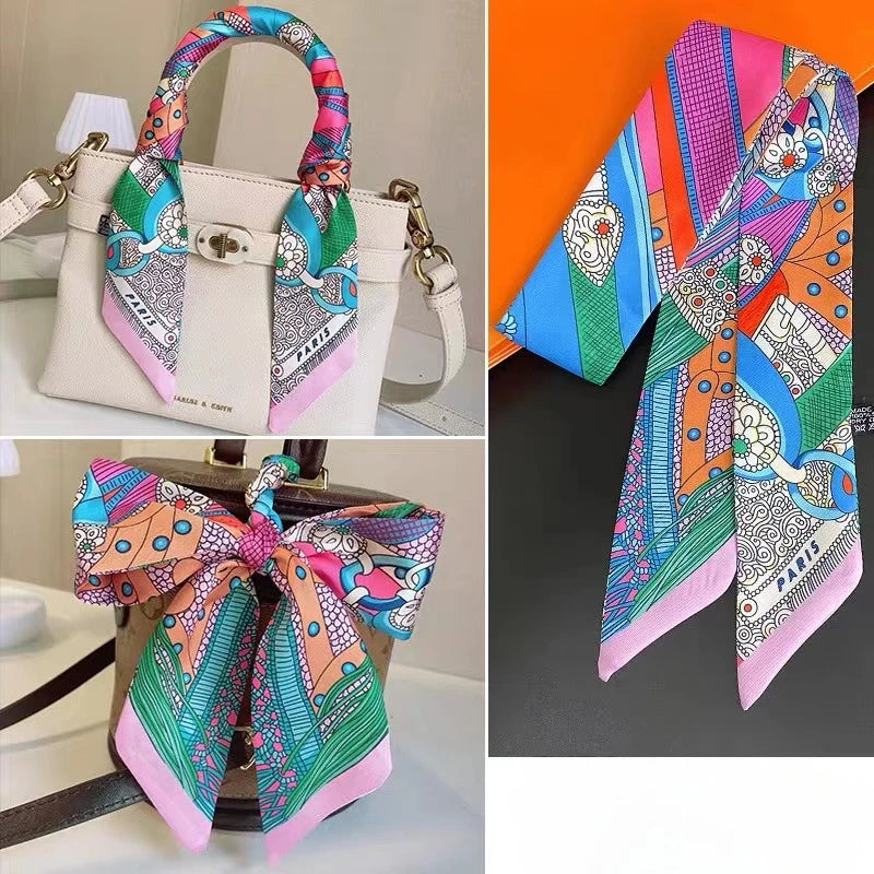 French Retro Print Tying and Wrapping Handle Ribbon Women's Imitation Silk Scarf Light Luxury Saddle Printed Streamer Decorat