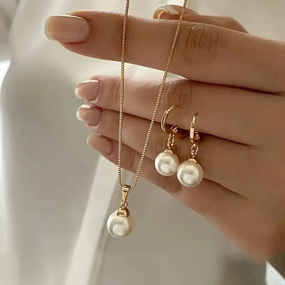 Fashion Elegant Imitation Pearl Pendant Jewelry Set for Women Vintage Gold Color Chain Necklace Earring Girl Wedding Party Gi