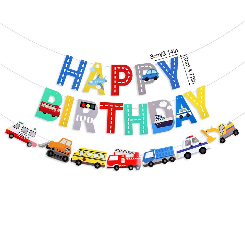 Cartoon Car Happy Birthday Banner Kids Boys Construction Vehicle Garland Birthday Party Decoration Favors Baby Shower Supplie