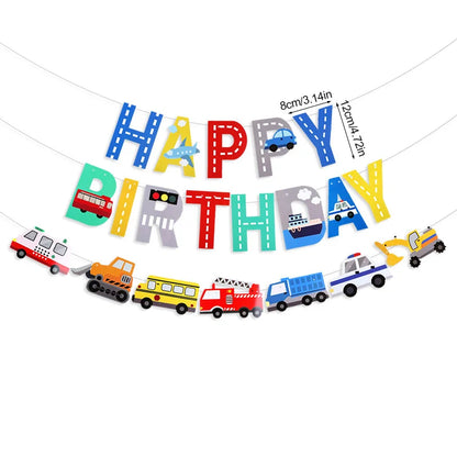 Cartoon Car Happy Birthday Banner Kids Boys Construction Vehicle Garland Birthday Party Decoration Favors Baby Shower Supplie