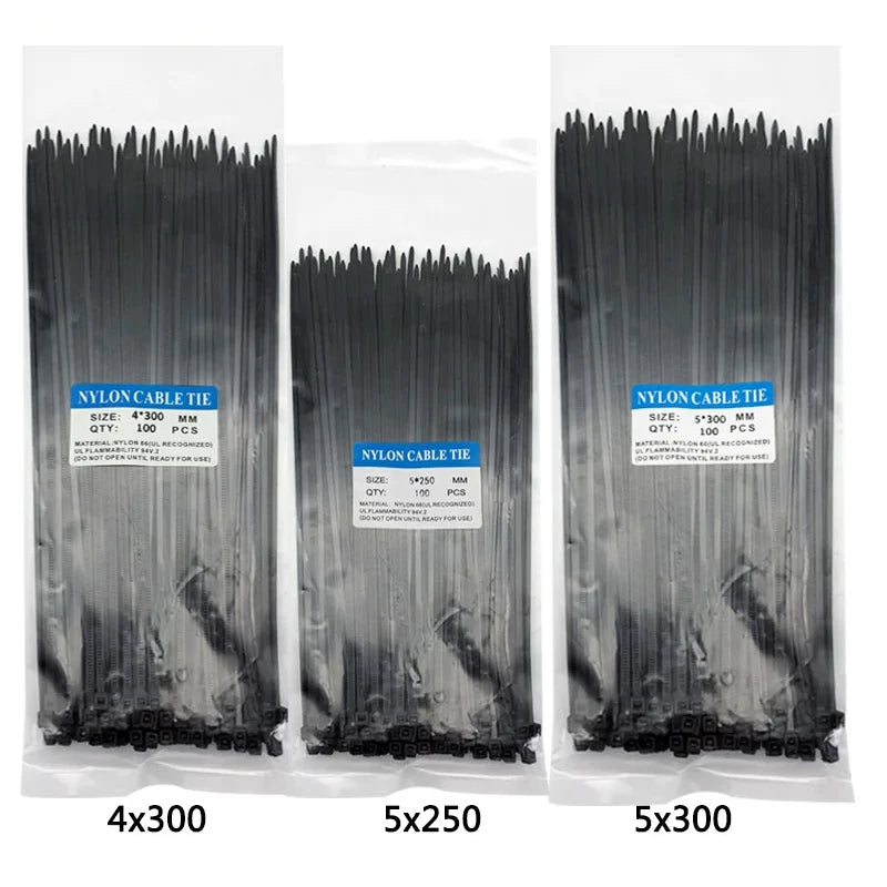 300pcs Three mode Self-Locking Plastic Nylon Wire Cable Zip Ties Black Cable Ties Fasten Loop Cable Various specifications - 