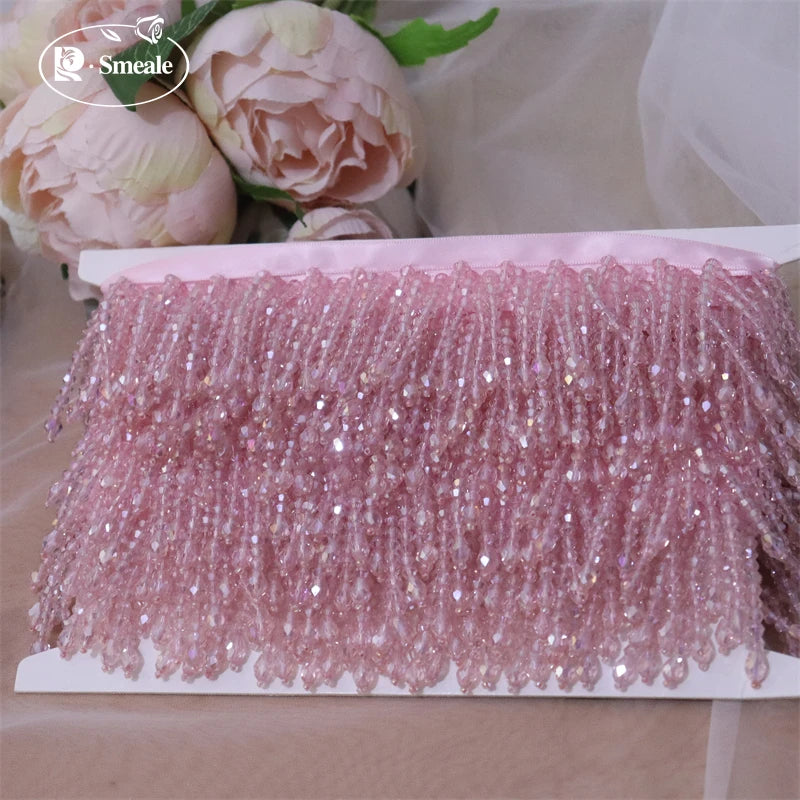 Lace Trim Beaded 2 Yards, Crystal Tassels, 5.5 Cm Wide, Vintage Lace Accent for Sewing, Scrapbooking - Pink -B / 1Yard
