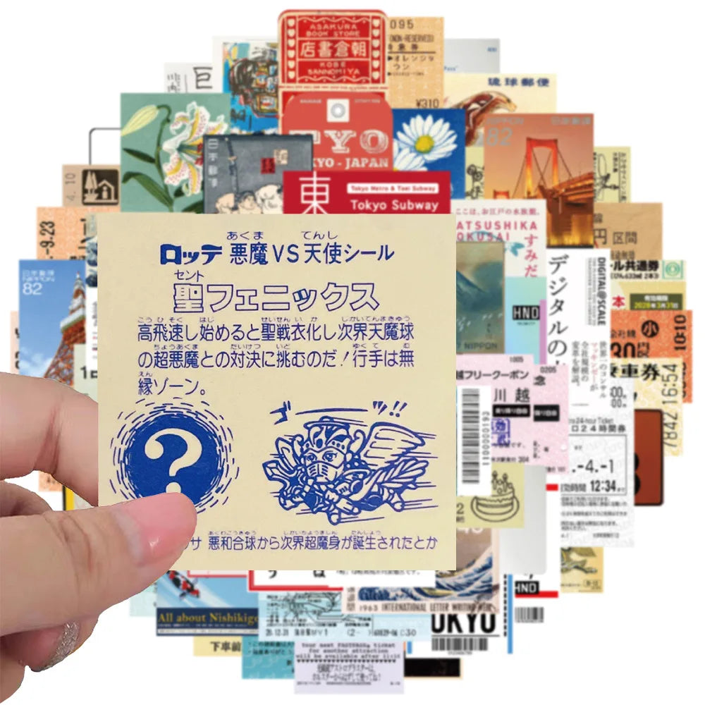 60Pcs INS Style Stamp Sticker Japanese Postcard Ticket Stationery Travel Diary Luggage Waterproof Helmet Stickers