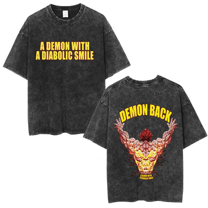 Vintage Washed T Shirt Anime Baki The Grappler T-shirt Hanma Yujiro Gym Short Sleeve T-shirts Oversized Cotton Casual Tee Shi