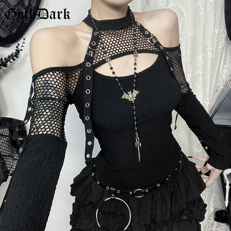 Goth Dark Punk Grunge Fishnet Patchwork Off Shoulder T-shirts Trim Corn Strap Halter Tops Autumn Mall Gothic Streetwear T-shi