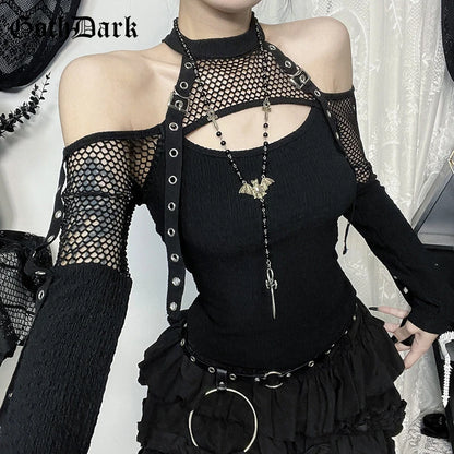 Goth Dark Punk Grunge Fishnet Patchwork Off Shoulder T-shirts Trim Corn Strap Halter Tops Autumn Mall Gothic Streetwear T-shi