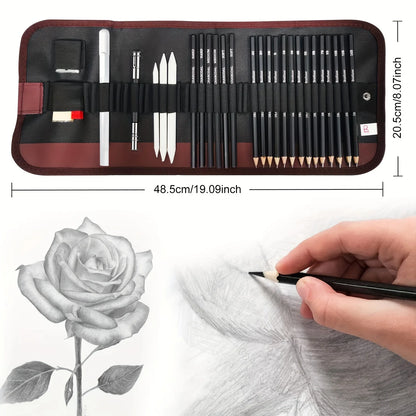 Drawing Pencils Sketch Pencil Professional Sketching Art Graphite Charcoal Blending Stump Pencils kit (29 art supplies)