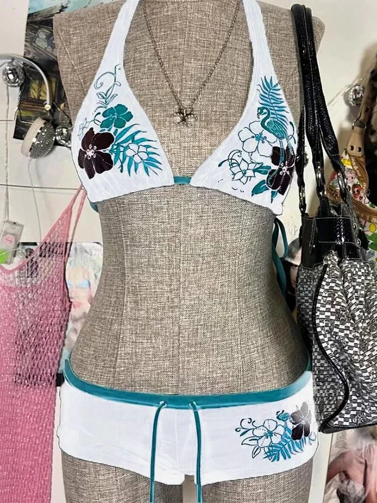 Vintage Flower print Cutie set Bikini 2000s Swimsuit Sexy Women Bathing Fashion Halter Strap Swimwear High Street Beach Femal