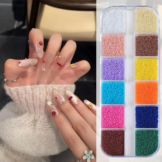 12Grids 3D Colorful Mini Caviar Beads Nail Charms Tiny Macaron Colors Round Ball Nails Art Decorations DIY Manicure Accessori