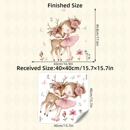 Cartoon Girl With Deer Wall Decal Woodland Animal Bedroom Decor Waterproof Peel-Stick Home Art For Playroom Wall Art Decals -