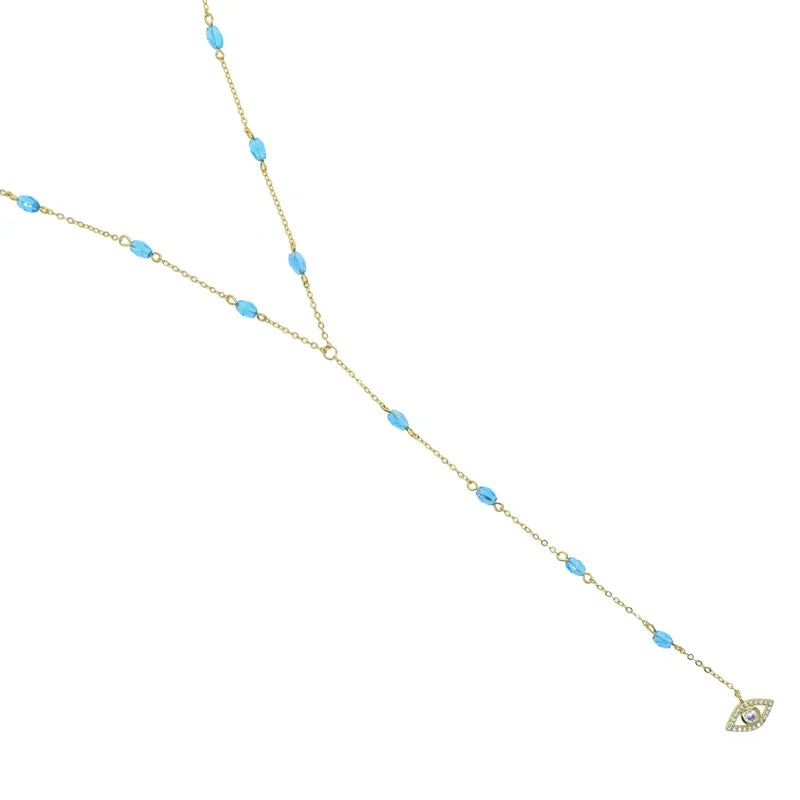 Long Y Lariat Chain for Women Blue Bead Charm Cute Lovely Eye Pendant Sexy Women Y Lariat Necklace