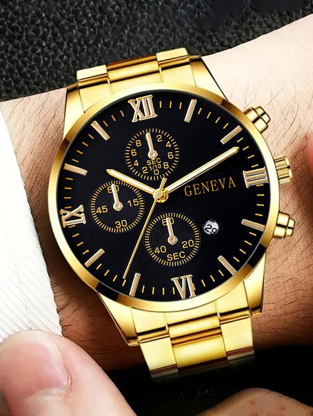 4pcs gold alloy Roman with calendar men's quartz watch and cross necklace bracelet ring set selected gift，Boxes not included