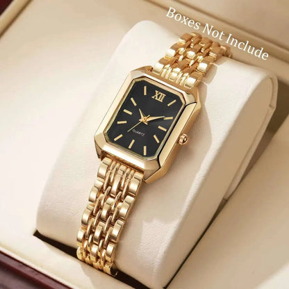 Fashion Rectangle Women Quartz Watch Luxury Analog Wristwatches Reloj Mujer Girls Clock Gift（Without Box） - Gold Black No Box