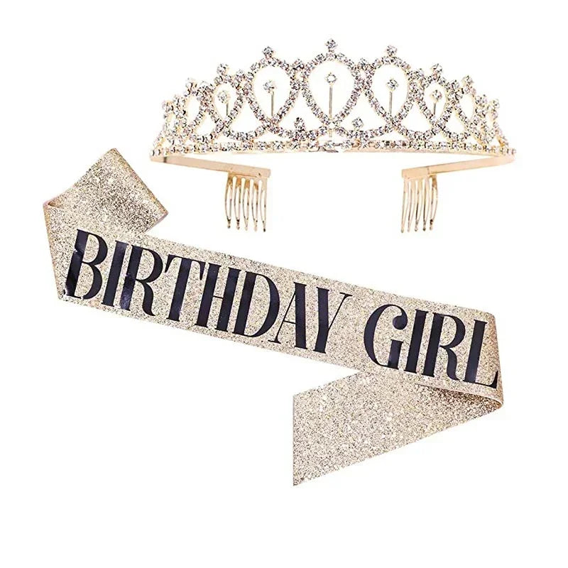 Bling Rhinestone Crystal Crown Tiara Birthday Anniversary Decoration Happy 18 21 30 40 50th Birthday Satin Sash Party Supplie