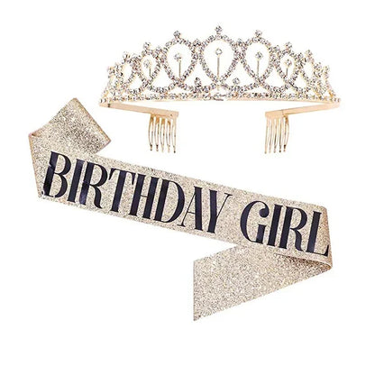 Bling Rhinestone Crystal Crown Tiara Birthday Anniversary Decoration Happy 18 21 30 40 50th Birthday Satin Sash Party Supplie
