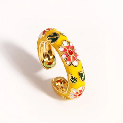 Vintage Colorful Enamel Flower Rings Trendy Geometric Female Minimalist Flower For Ladies Wedding Party Engagement Jewelry Gi