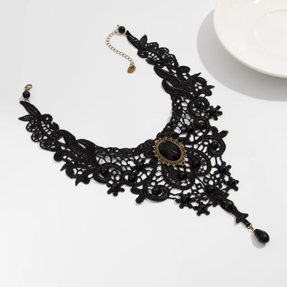 Fashion New Vintage Gem Black Lace Bead Necklace Gothic Steampunk Style Stonego Gothic Collar Necklace Pendant