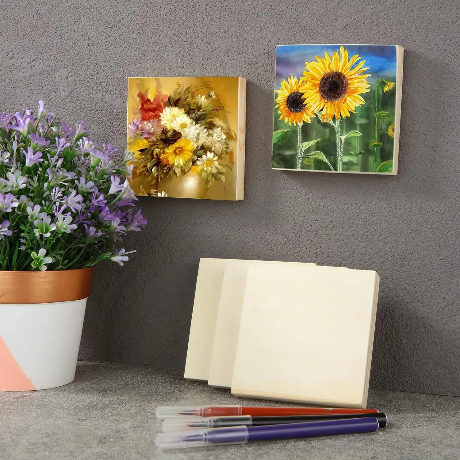 6Pcs Unfinished Square Wood Panels,4x4"/10x10cm,Blank Wooden Canvas Cradled Painting Boards for Drawing,Wood Burning DIY Arts