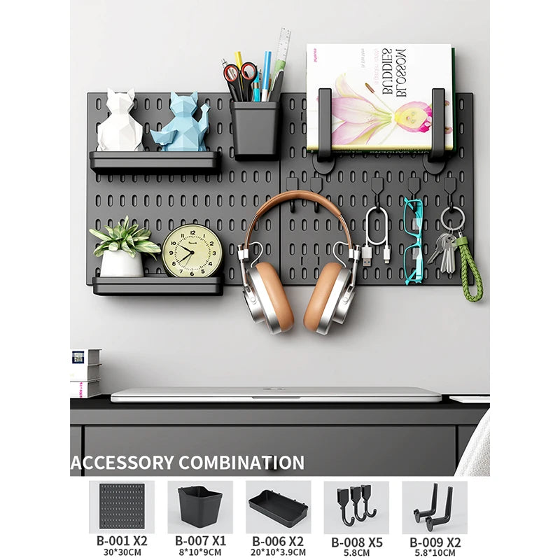 Home Office Pegboard Wall Storage Panel, PP Plastic Hole Board with Multi Hooks Shelf for Study Desk Stationery, Black White 