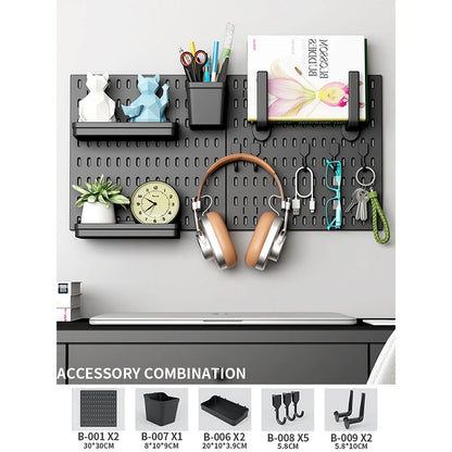 Home Office Pegboard Wall Storage Panel, PP Plastic Hole Board with Multi Hooks Shelf for Study Desk Stationery, Black White 