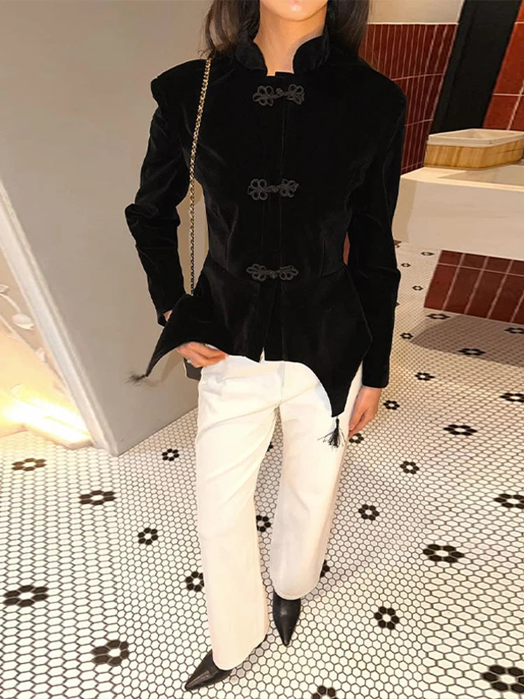 Frog Closure Velvet Tassel Jacket Slim Long Sleeve Mandarin Collar 2026 Spring Fashion Elegant Women Outerwear Chic Lady Coat