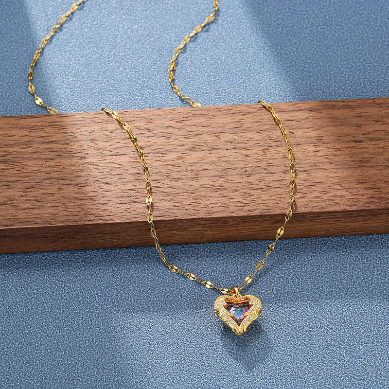 Top Luxury Colorful Crystal Ocean Heart Pendant Necklace For Women Trendy 316L Stainless Steel Jewelry Female Wedding Neck Ch
