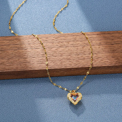 Top Luxury Colorful Crystal Ocean Heart Pendant Necklace For Women Trendy 316L Stainless Steel Jewelry Female Wedding Neck Ch