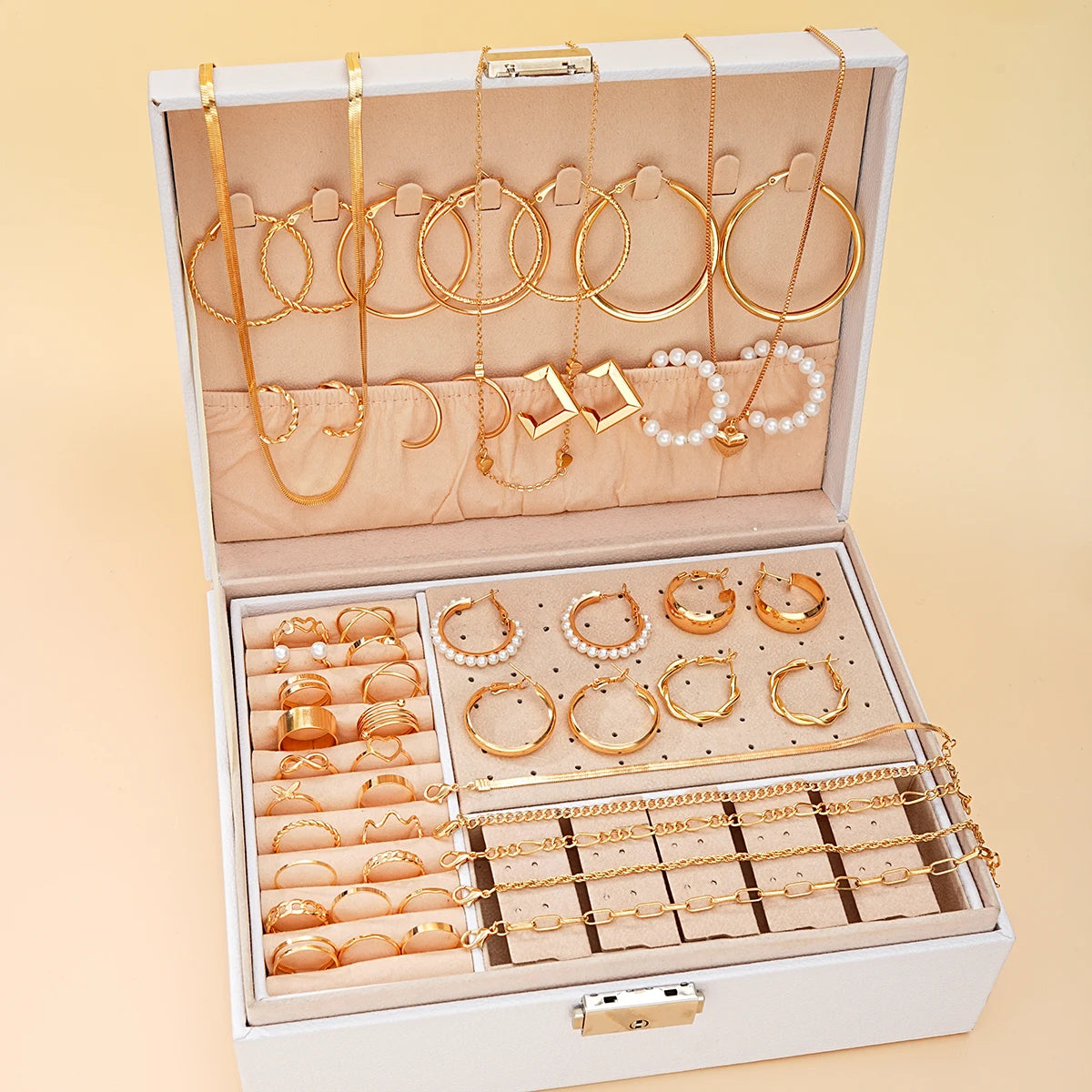 54 Pcs/Set Vintage Elegant Pearl Earrings Ring Heart Pendant Necklace Bracelet For Women Boho Daily Wear Jewelry Set Gifts 20