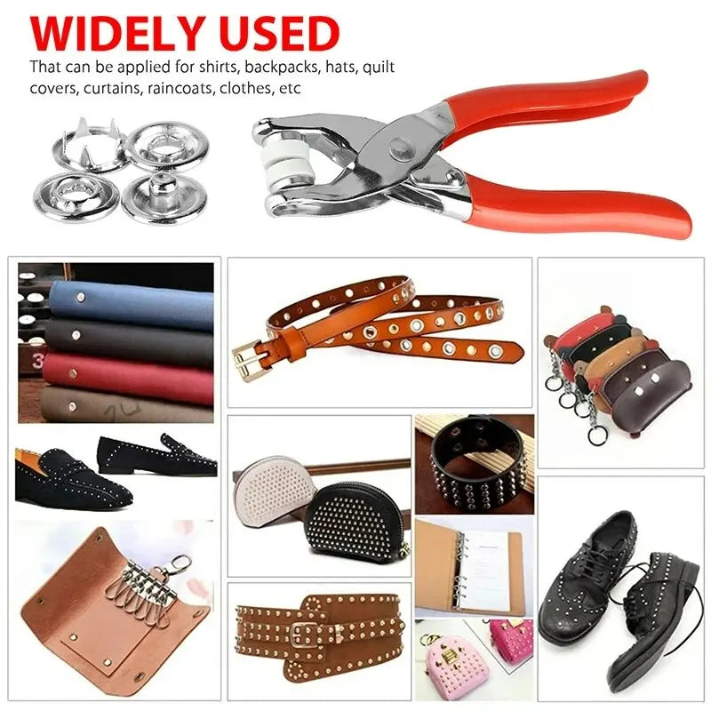 400pcs Prong Rings 9.5mm Buckle Buttons Metal Colour Pliers Snap Button Claw DIY Set Hand Pressure Plier Rivet Buckle Sew Too
