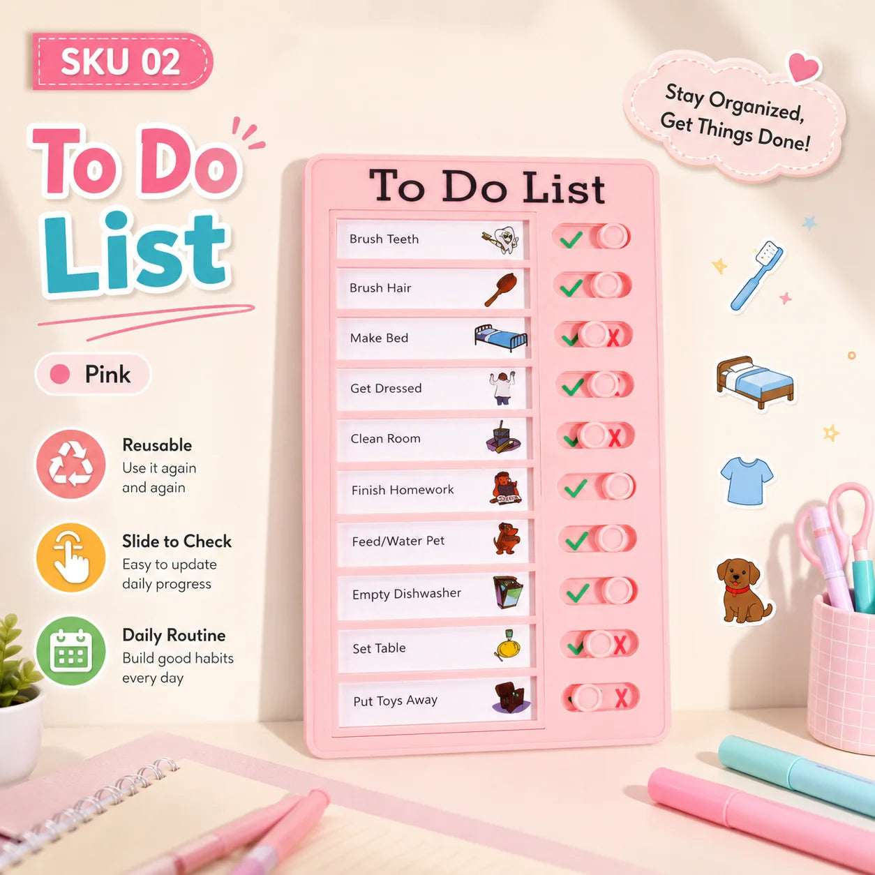 Self Discipline Checklist Board, Replaceable Plastic Chore Chart for Kids Adults, Summer Task Planner & Daily Habit Tracker -