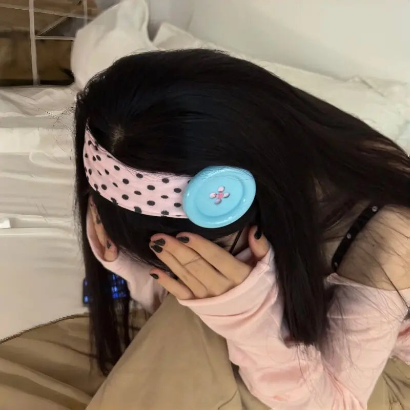 Vintage Women's Polka Dot Button Headband Spicy Girl Ins Y2K Japanese Trendy Headband Sweet Cool Sports Yoga Headband