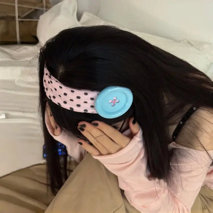 Vintage Women's Polka Dot Button Headband Spicy Girl Ins Y2K Japanese Trendy Headband Sweet Cool Sports Yoga Headband