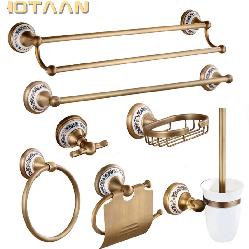 Antique Brushed Solid Brass Bathroom Accessories Sets European Porcelain Bathroom Hardware Sets Ceramic Retro Bathroom Produc