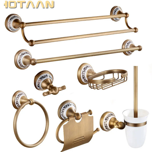 Antique Brushed Solid Brass Bathroom Accessories Sets European Porcelain Bathroom Hardware Sets Ceramic Retro Bathroom Produc