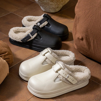 Waterproof Eva Furry Mules Slippers Women 2025 Winter Metal Buckle Warm Plush Slippers Soft Thick Bottom Non Slip Indoor Slid
