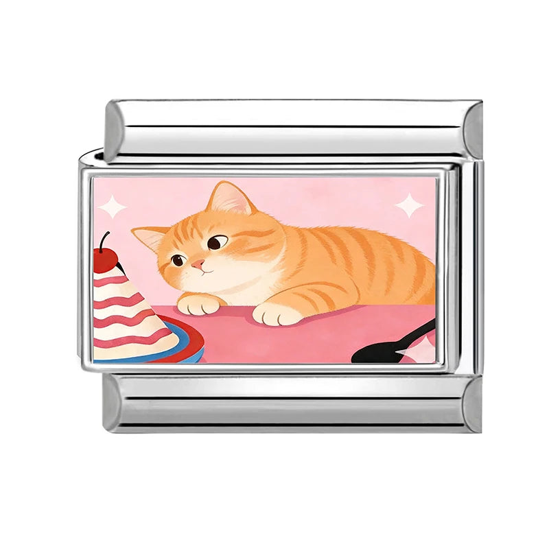 2026 New Women's Gift Cute Cat Looks at the cake Italian Charm Links Beads Fit 9mm Stainless Steel Modular Bracelet Jewelry G