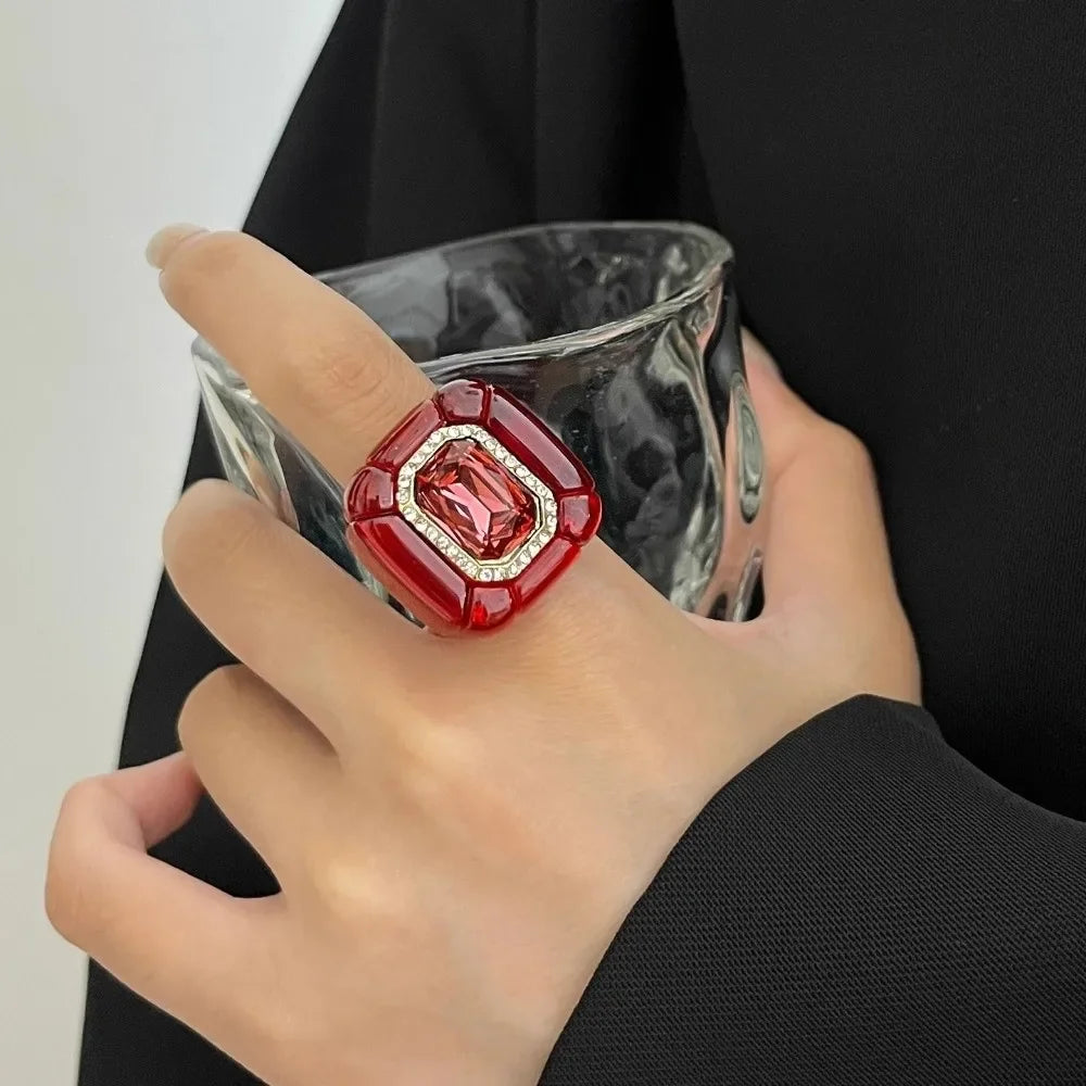 New Colorful Rhinestones Ring Geometric Three-dimensional Finger Ring Elegant Jewelry Square Ring Women