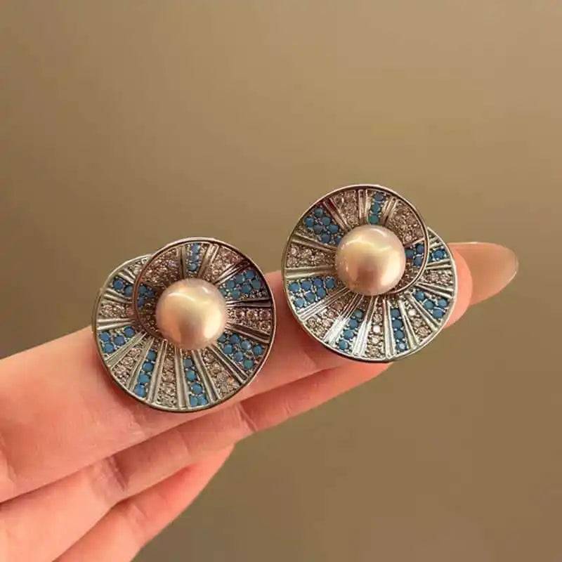 Vintage Elegant Blue Crystal Shell Pearl Conch Shape Stud Earrings for Women Fashion Simple Geometry Round Jewelry Party Gift