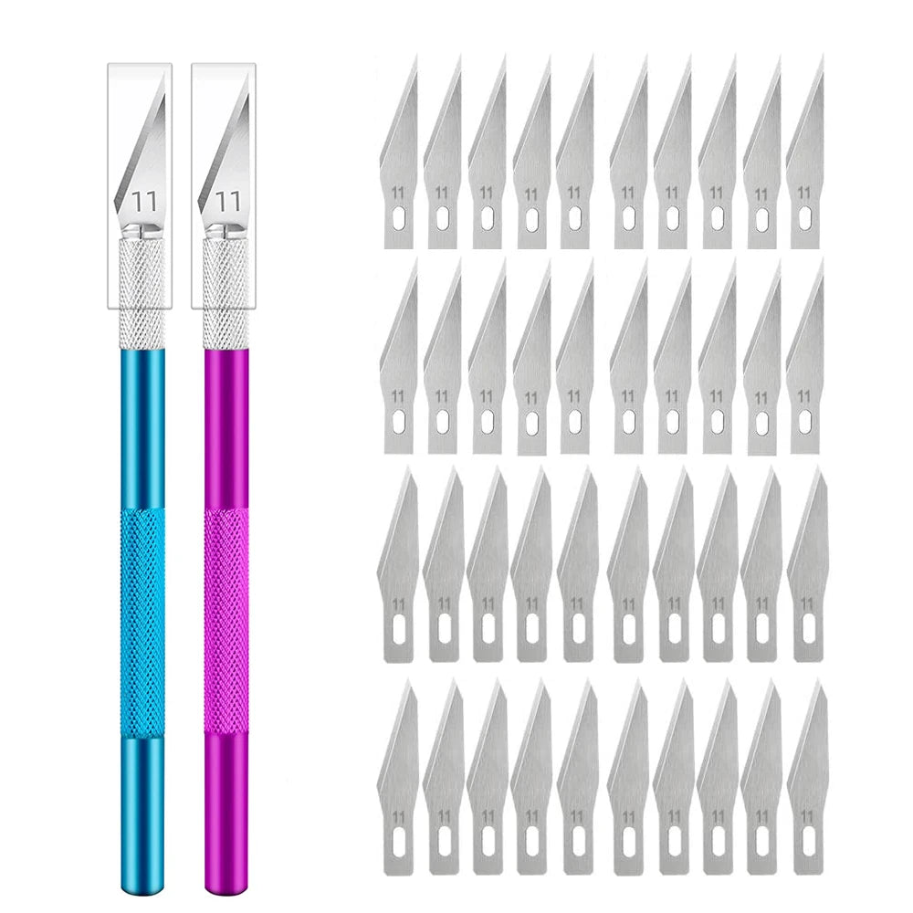 Engraving Non-Slip Metal Knife Kit + 40/10pcs #11 Blades Cutter Craft Knives for Mobile Phone PCB Repair Hand Tools - BluePur