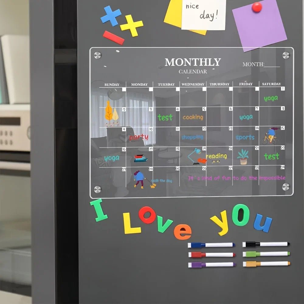 Magnetic Acrylic Dry-Erase Calendar-Clear Planner for Fridge, Ideal Kitchen Organizer for Home & Office with Marker Pen Inclu