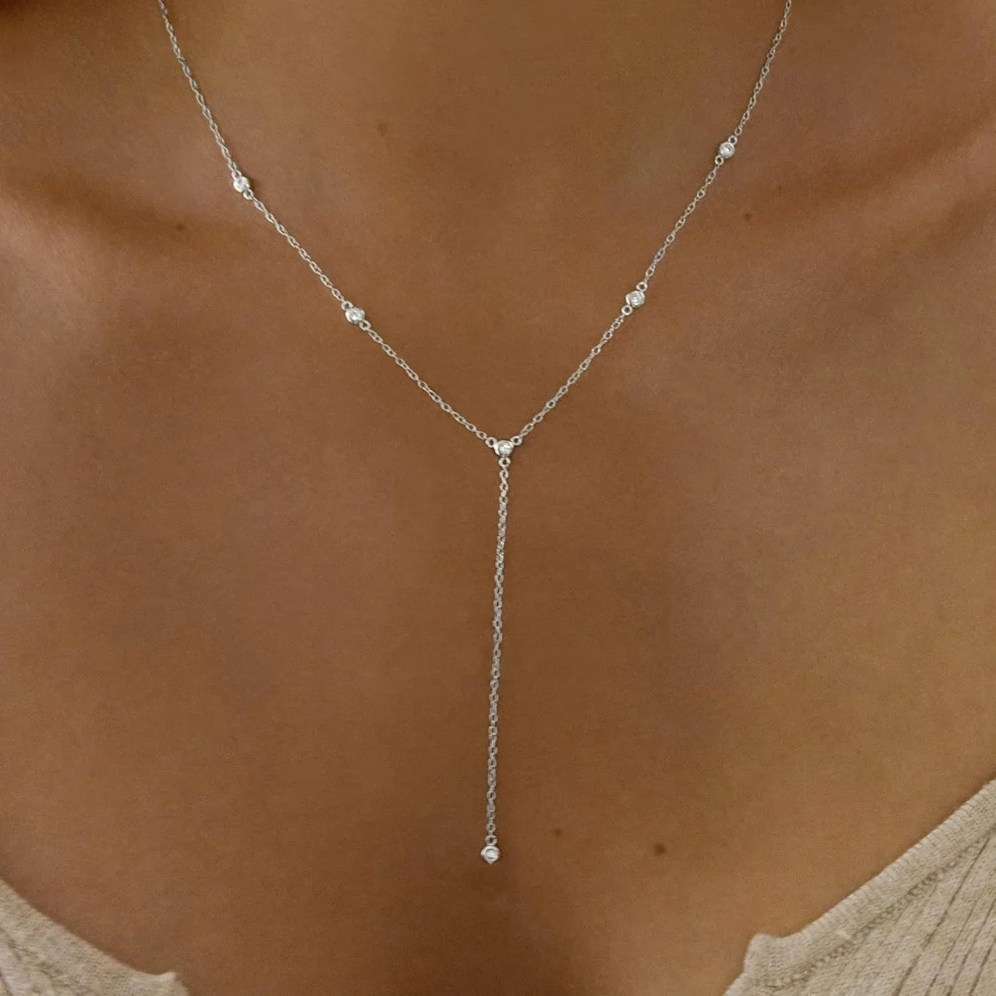 Gold Plated CZ Lariat Necklace for Women Boho Fashion Jewelry Women, Silver Plated Necklace for Women, Dainty Gold Necklaces