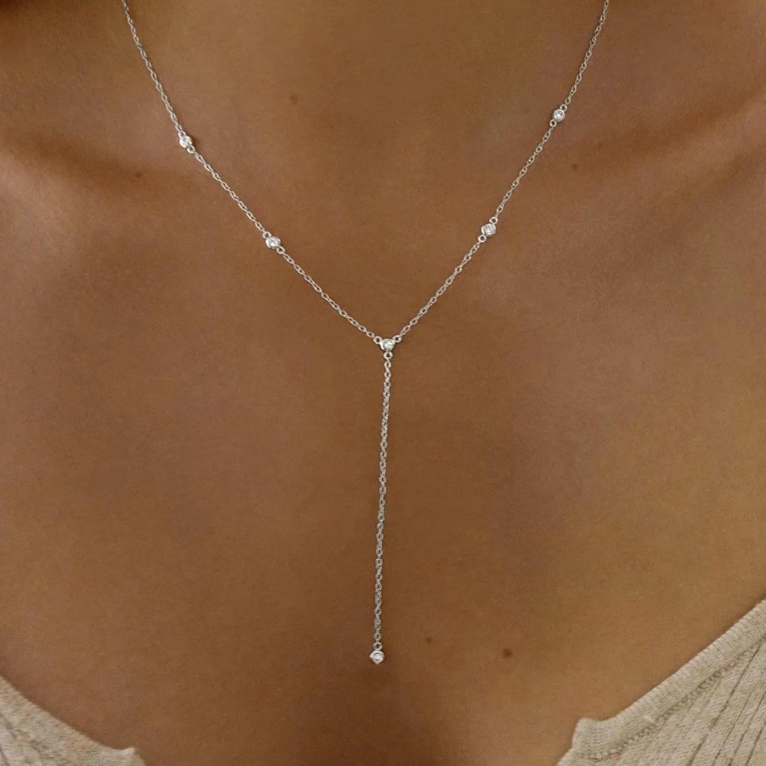 Gold Plated CZ Lariat Necklace for Women Boho Fashion Jewelry Women, Silver Plated Necklace for Women, Dainty Gold Necklaces