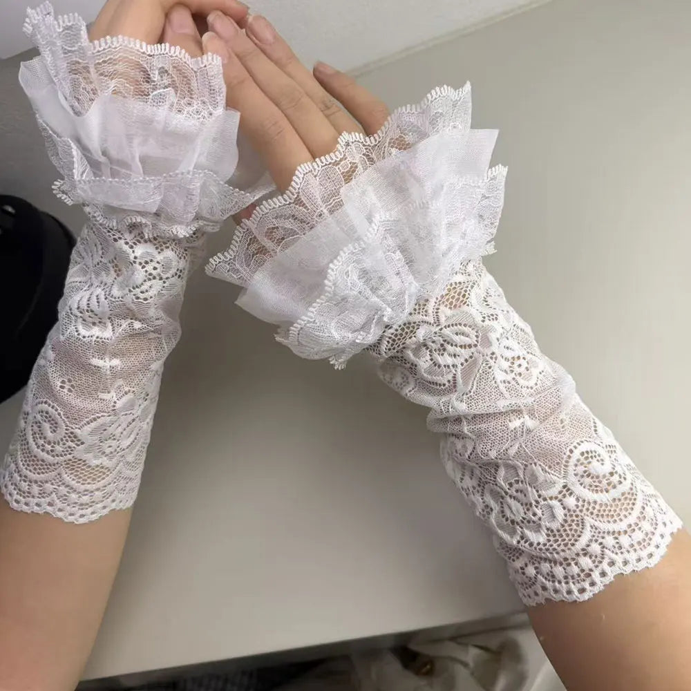1 Pair Women Lolita Jk Lace Fingerless Gloves Black Gothic Fake Sleeves Trendy Elastic Long Lace Arm Sleeves Clothes Decorati