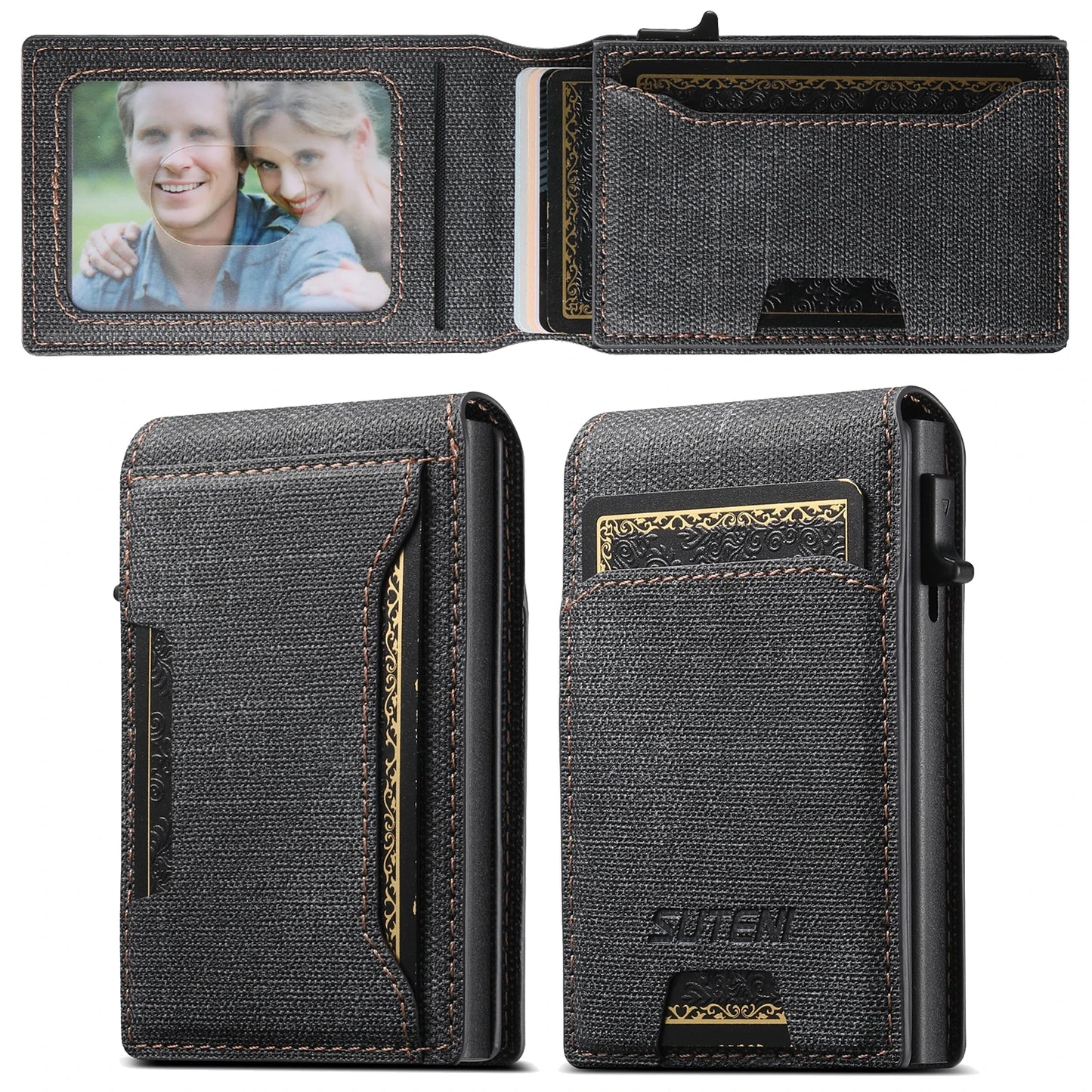 Push-out Card Faux Leather Card Holder Wallet Holder Large Capacity Can Hold 1-12 Cards 1 Photo Black/Brown/Blue - Black