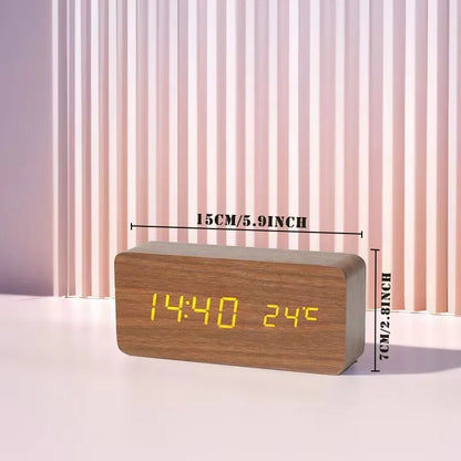 Wooden Digital Alarm Clock LED Table Clock with Temperature for Bedroom Office Desk Decorations