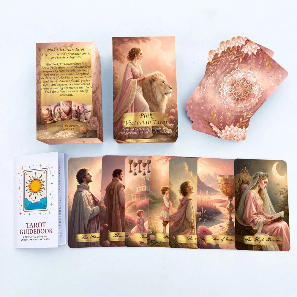 Pink Victorian Tarot Cards Set, 78 Pieces, 13x8 Cm, Romantic & Elegant Design, Includes Paper Instructions, Perfect for Begin