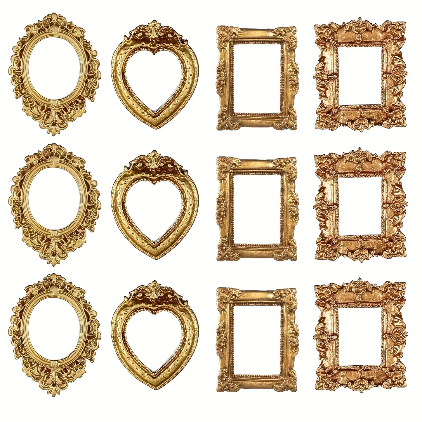 12pcs Vintage Mini Picture Frames Elegant Golden Tone Baroque Resin Wall Mounted Display Cases Wedding Christmas Home Decor -