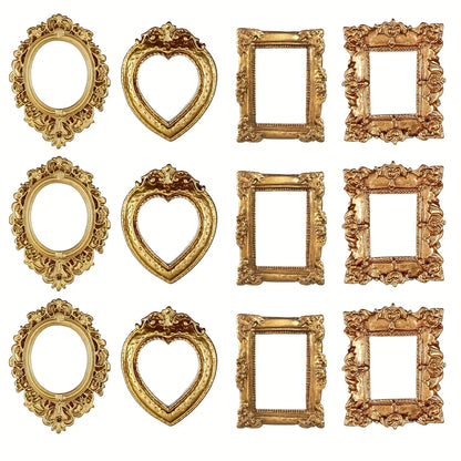 12pcs Vintage Mini Picture Frames Elegant Golden Tone Baroque Resin Wall Mounted Display Cases Wedding Christmas Home Decor -